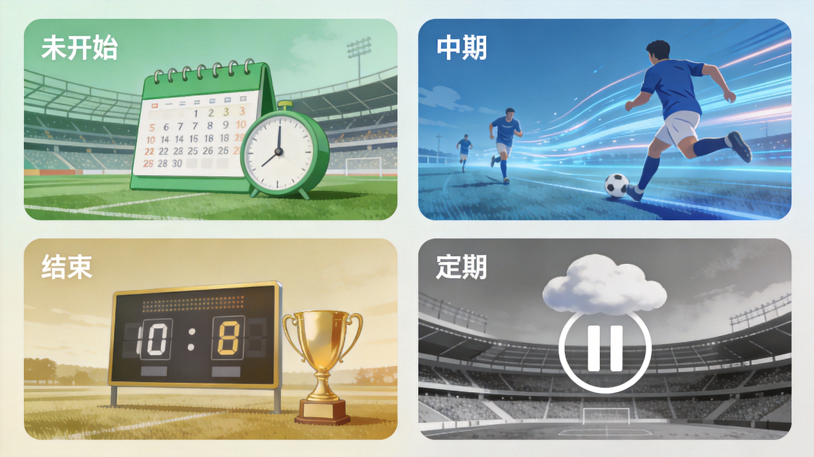 比赛状态模块示意图：未开始、进行中、已结束与延期四种状态的区分方式