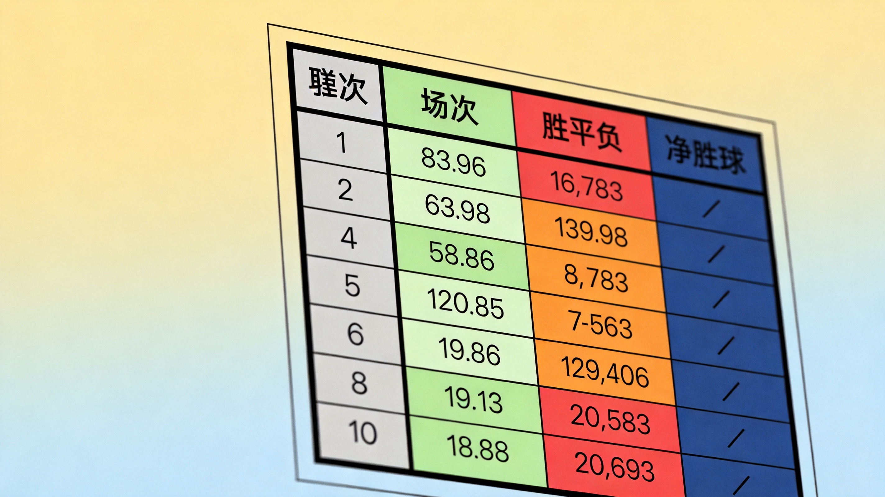 联赛积分排名表结构示意图：展示名次、场次、胜平负与净胜球等列